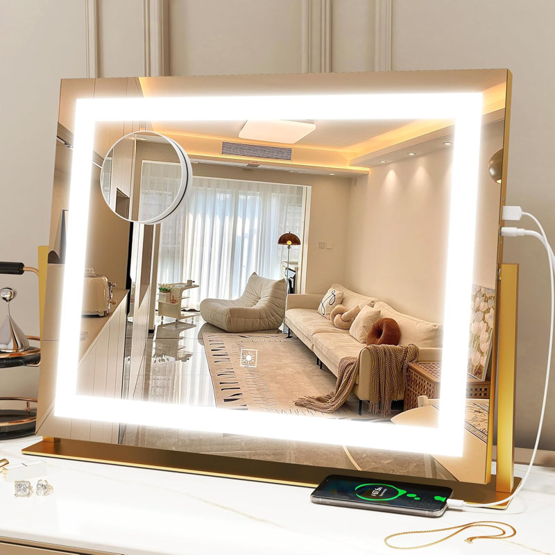 Lighted Makeup Mirror With 10X Magnification, Smart Touch Control 3-Color Dimmable LED Lights, 360° Rotation, USB Charging Port, Dresser Mount, Large Vanity Mirror For Bathroom