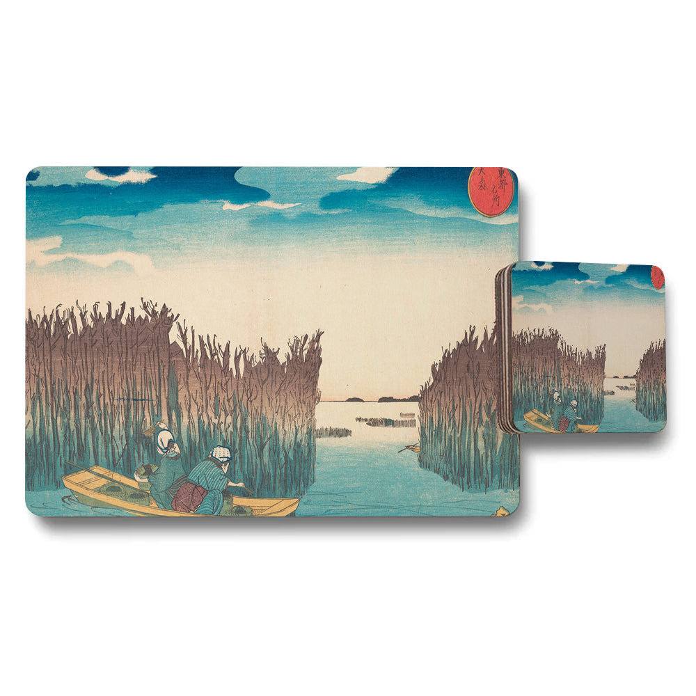 Placemat And Coaster Set With Japanese Ukiyoe River Scene Artwork