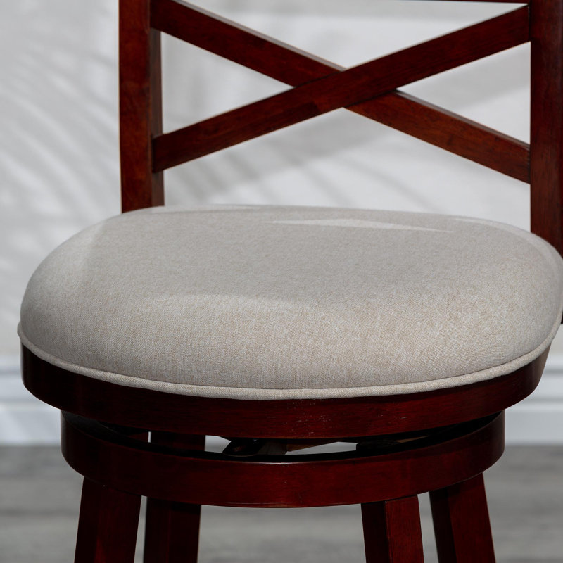 30" Bar Height X-Back Swivel Stool, Cherry Finish, Beige Fabric Seat, Beige, Cherry