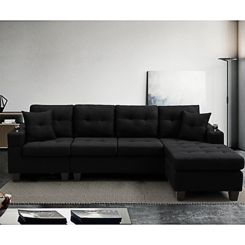 Kiaren Reversible Sectional Couch, L-shape Sectional Sofa , Black