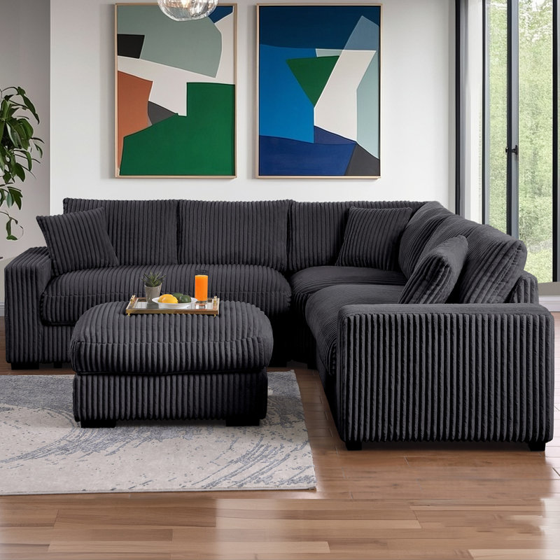 Oversized Corner Sectional Sofa With Ottoman, Corduroy Cloud Sectional Couches, Gray Corduroy