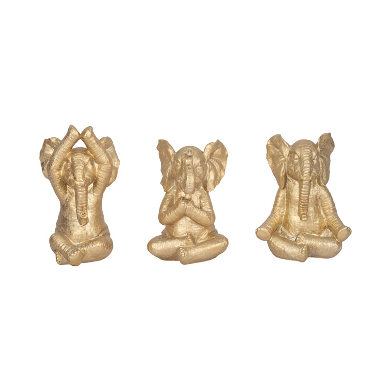 Decorative Resin Elephant Figurines with Yoga Poses, Set of 3, Gold