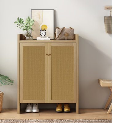 42.5" Tall Rattan Shoe Cabinet With Doors, 6-tier Shoe Storage Cabinet With Adjustable Shelves Wooden Shoe Rack Organizer