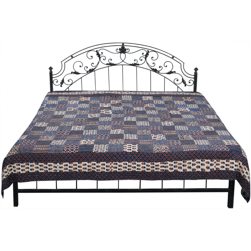Courtepointe réversible en coton Design Blue Kantha Design - Couvre-lit patchwork Jaipur cousu à la main - jeté floral bohémien 90 po x 108 po