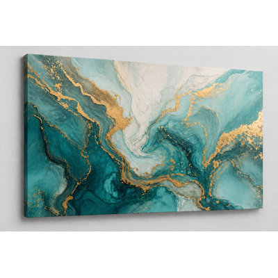 Grande impression abstraite sur toile fluide bleu sarcelle et dorée 24 x 36 pouces, effet de marbre moderne, reproduction d'art pour le salon, chambre à coucher, bureau, maison, décoration murale, œuvre d'art contemporaine - prête à être accrochée