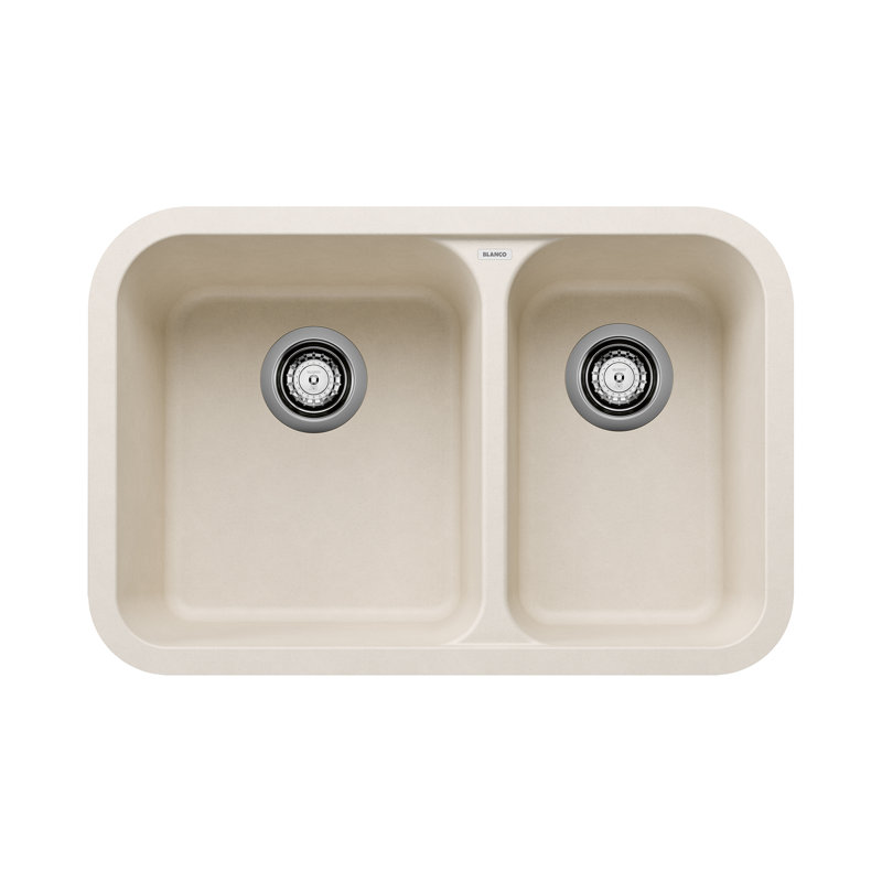Évier de cuisine à double cuve en granit encastrable de L 27 po x l 18 po avec crépines à panier Vision, Blanc doux