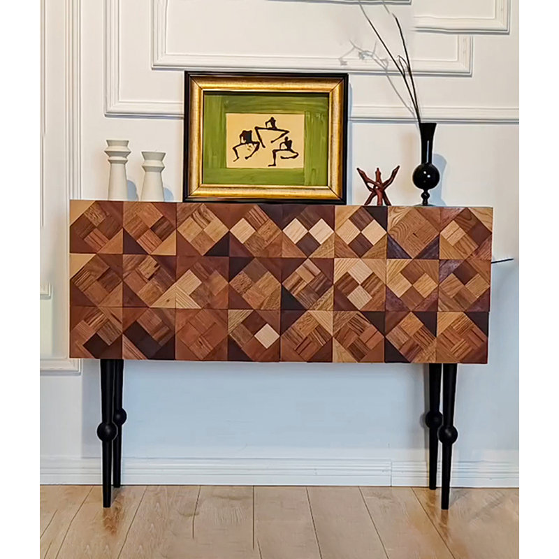 Console artistique en bois avec mosaïque géométrique, H 37,4 po x l 55,12 po x P 15,75 po