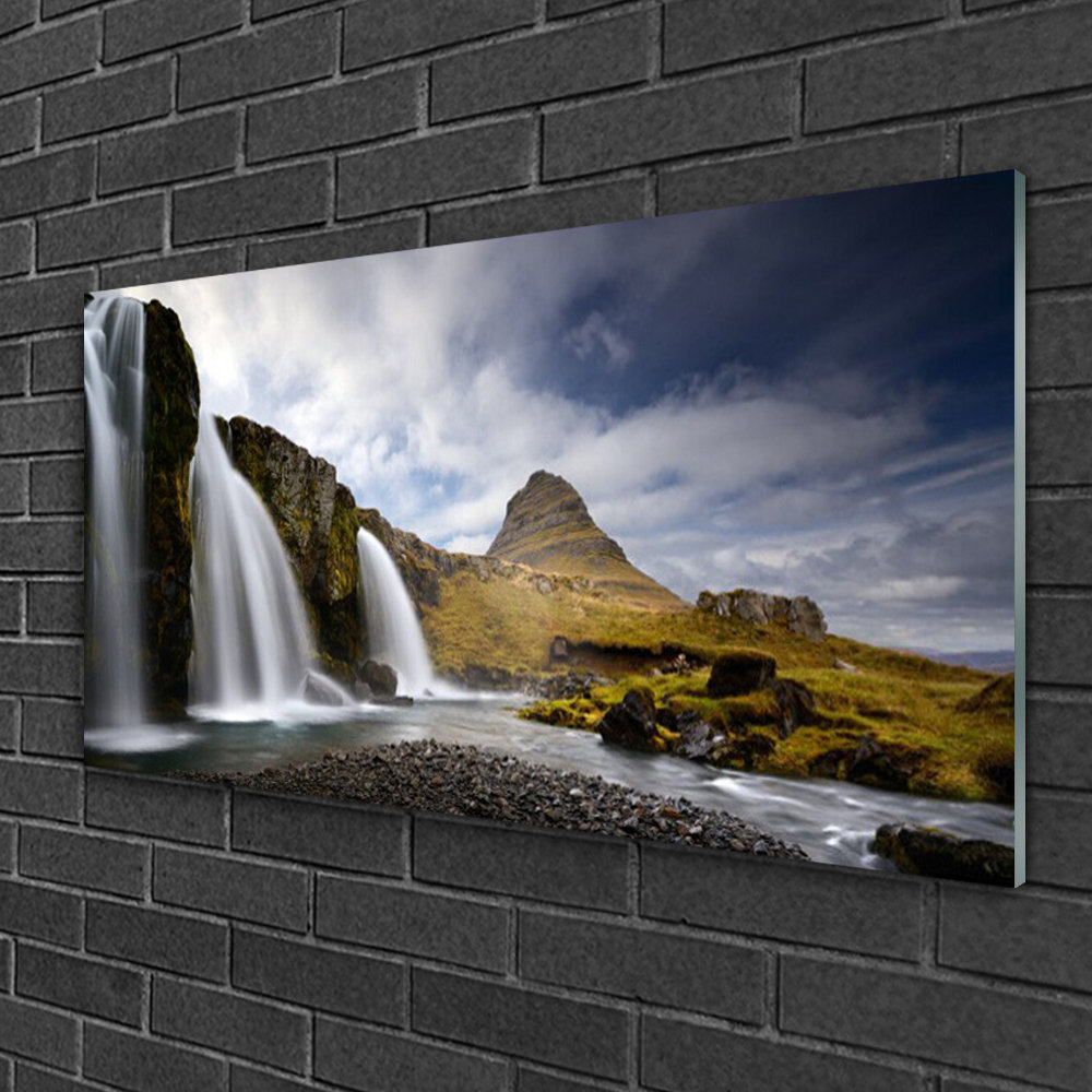 Glasbild Landschaft Wasserfall Berge