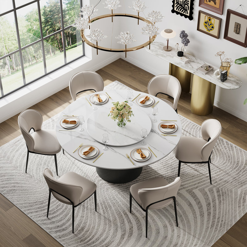 Ensemble de table de salle à manger moderne 7 pièces 59 po avec 6 chaises en similicuir et plateau tournant