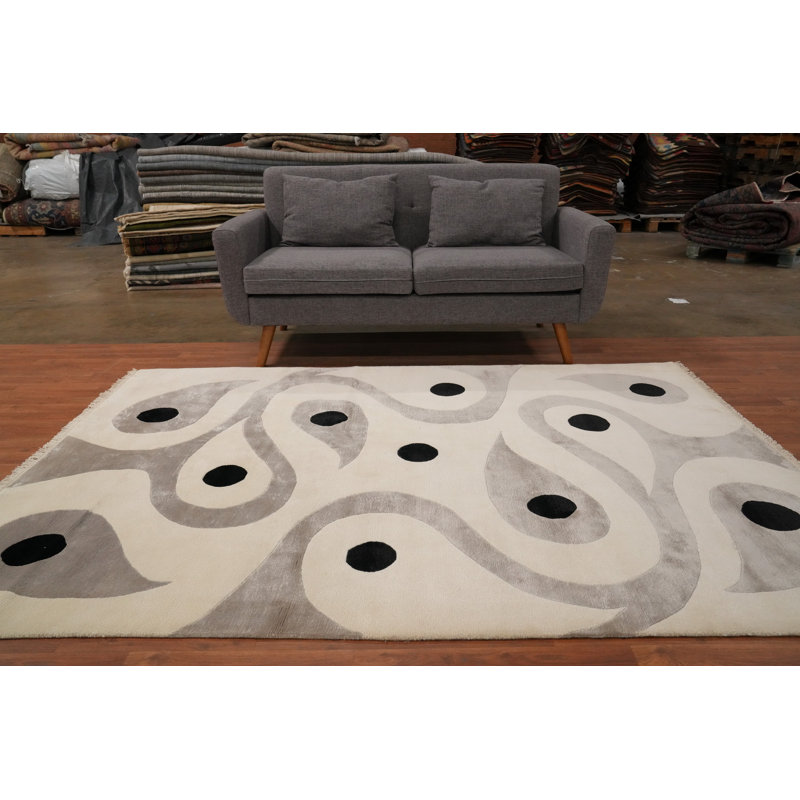 Tapis contemporain népalais 6 x 8 avec des motifs élégants à pois noirs