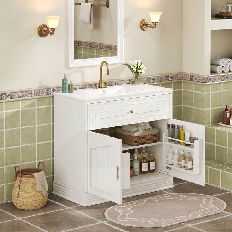 Meuble-lavabo de luxe 36 po avec lavabo en céramique, Blanc