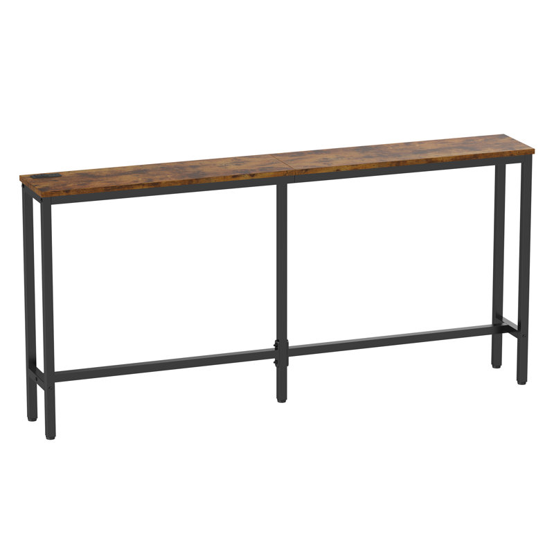 Console Table with Outlet, 71 Inch Sofa Table with Charging Station, 31.5" H x 71" W x 8" D, Brown