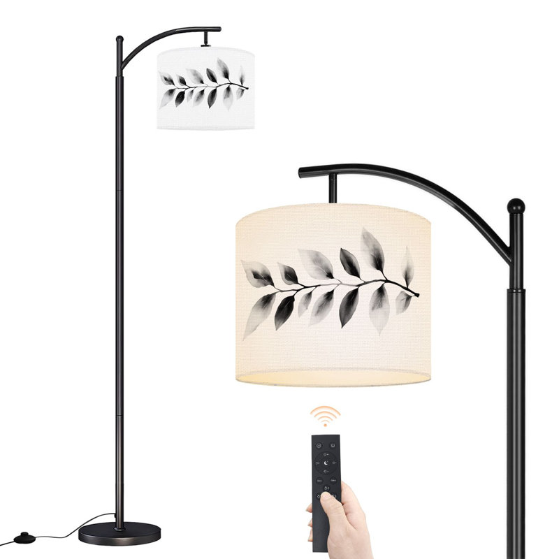 Arc Floor Lamp Boho Black Grey White Eucalyptus Leaf Floral Leaves Branch Foliage Floor Lamps with Remote LED Lights Adjustable Lamp Shades Tall Standing Lamps for Reading Office Living Room