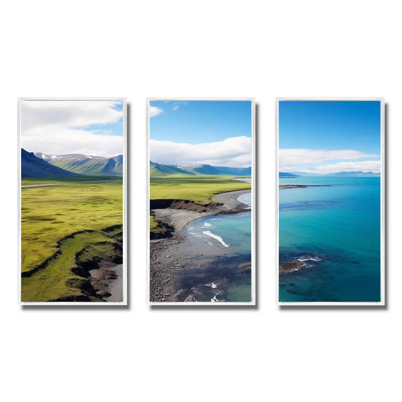 Vue aérienne de la plage en Islande IV - plage et océan, art mural, Cadre flottant blanc, H 40 po x l 61 po x P 1 po