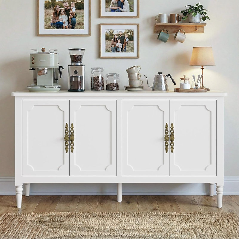 Buffet Buffet, blanc satiné - Crédence moderne Mid-Century avec tablettes réglables, poignées sculptées et bar à café pour la salle à manger ou le salon