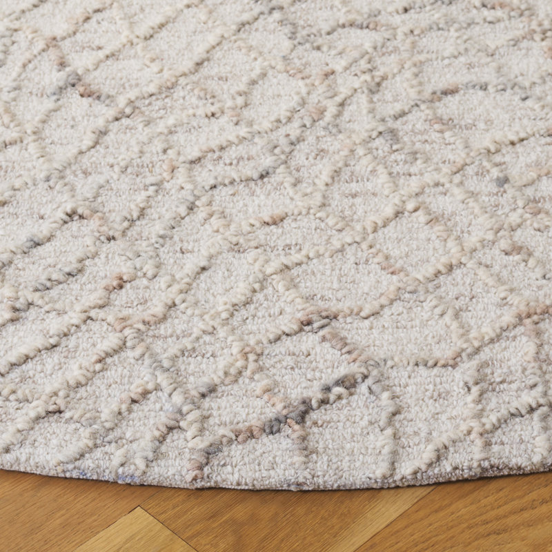 Tapis beige / gris en laine / coton touffeté à la main Mariom 534, Rond 6 pi
