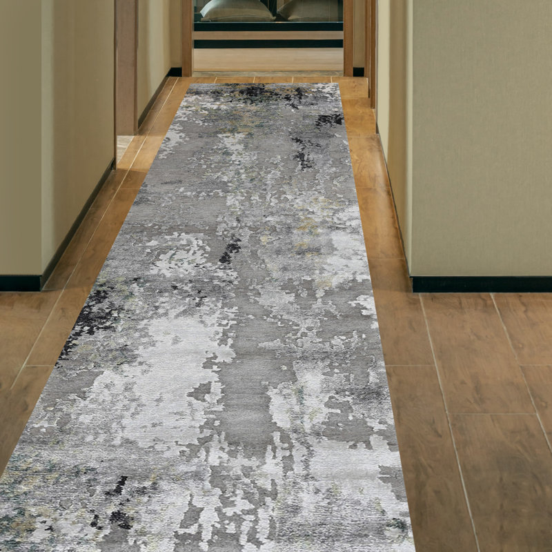 Hand Knotted Area Rug in Black/Gold/Gray/Green, Runner 2'6" x 12'