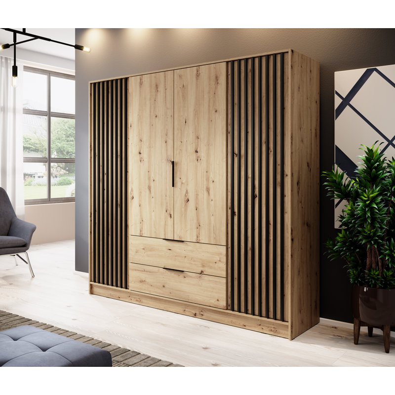 Theroux 4 Door Solid + Manufactured Wood Wardrobe, Oak Artisan/Lamela Black