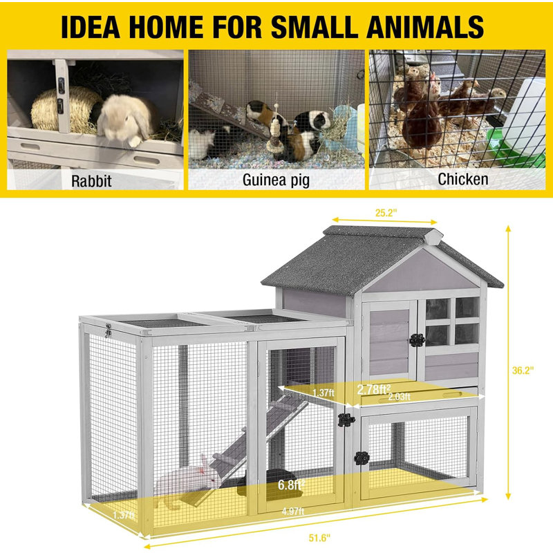 Cage à lapins intérieure avec poulailler et cage 51,6 po Rabbit Hutch, Gris