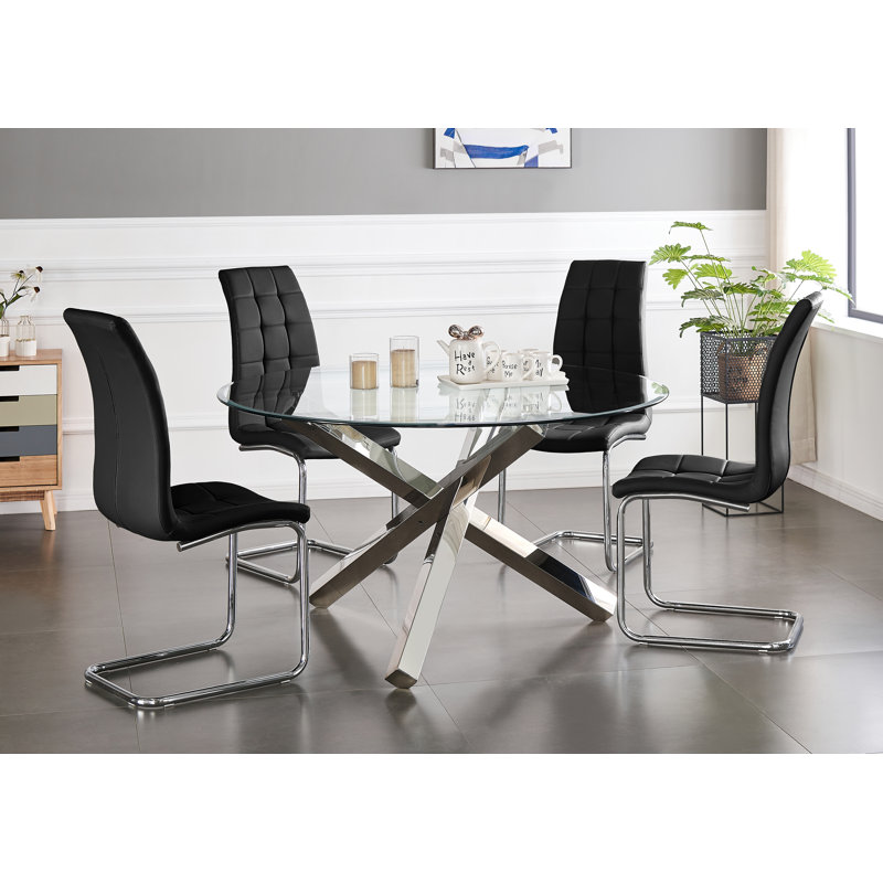 Vogo Modern Design Chrome and Glass Dining Table Set with 4 Modern Faux Leather Dining Chairs, Black/Silver
