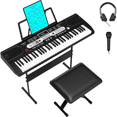 Piano à clavier électronique 61 touches pour débutants et enfants - 200 voix et rythmes, écran LCD, support, tabouret, casque d'écoute, microphone, chargeur, autocollant de note, support, sac de transport - ensemble de démarrage complet - Couleur: ensemble