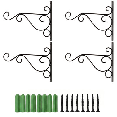 4 Pack Black Wrought Iron Wall Mount Plant Hanging Brackets, 12 x 8.1 Inch Decorative Multi-ring Wall Hooks with Screws, Heavy Duty Rust Resistant Hanger for Flower Baskets, Lanterns Indoor Outdoor
