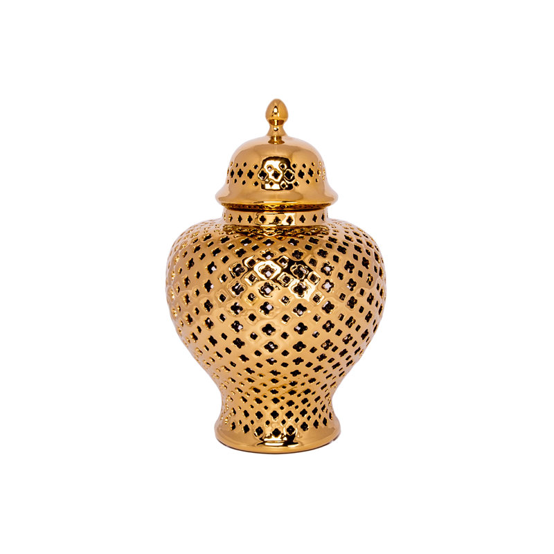 Ceramic Round Bellied Pierced Ginger/temple Jar Lg Gloss Finish Gold