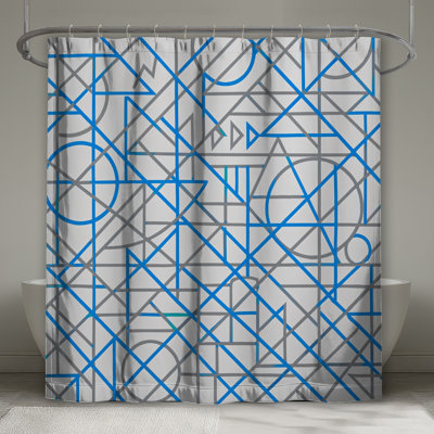 Rideaux de douche très longs à formes géométriques bleues et grises