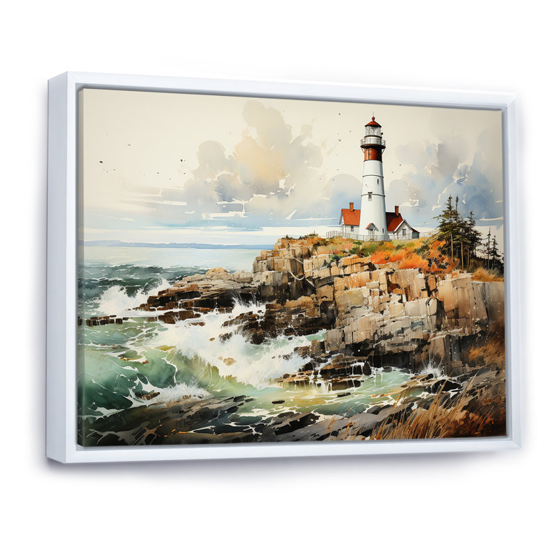 «Coastal Light House Minimal Landscape I», reproduction sur toile, Cadre flottant blanc, H 16 po x l 32 po x P 1 po