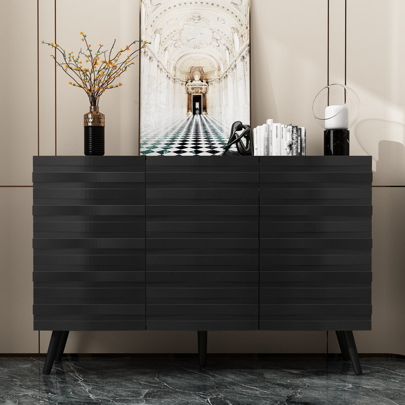 Buffet noir moderne de 47,2 po avec porte à lattes et tablettes réglables