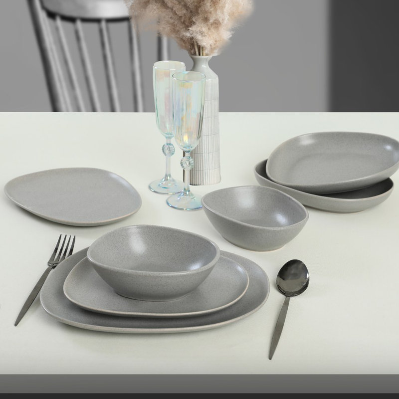 24-Piece Ceramic Dinner Set, Grey | 100% Ceramic Stoneware, Thermal Shock Resistant & Antibacterial | Includes 6 Service Plates (11.8 in), 6 Dinner Plates (9.1 in), 6 Bowls (6.3 in), 6 Dessert Plates (9.1 in) | Dishwasher & Microwave Safe, Easy Cleaning
