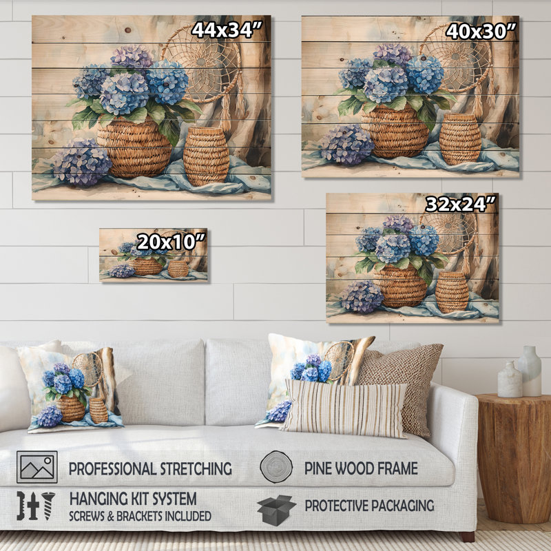 Boho bleu hortensia Bliss I - art mural bois d'hortensia - sur bois de pin naturel, H 30 po x l 40 po
