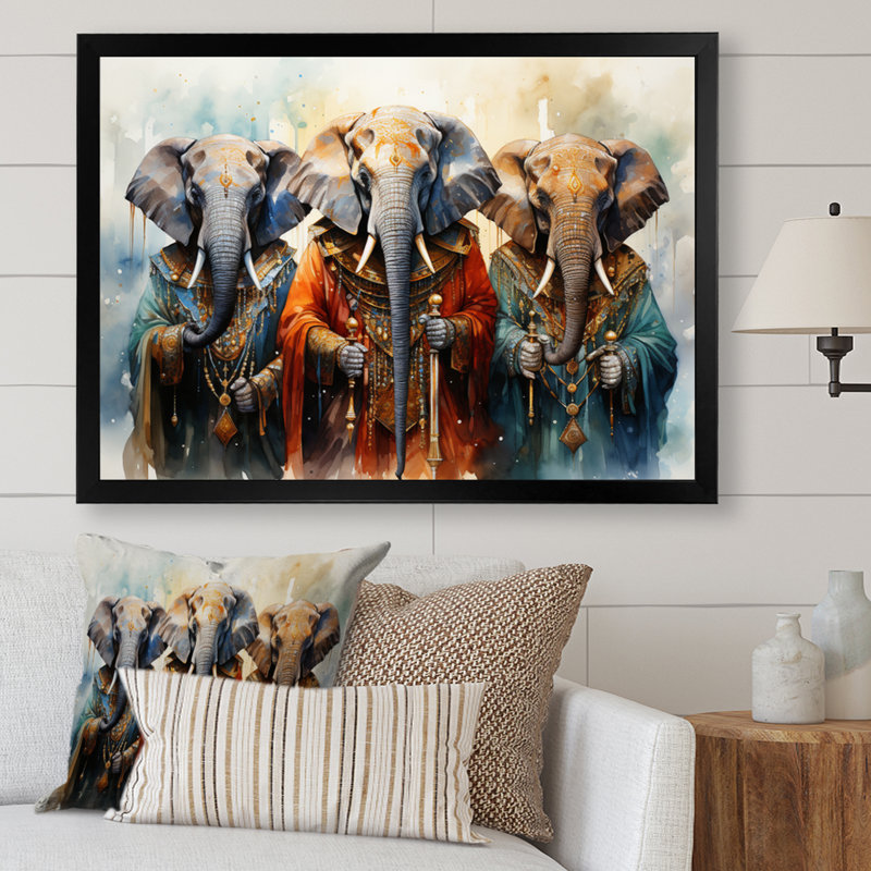 «African Sacred Elephants II», reproduction sur toile, H 12 po x l 20 po x P 1 po, Cadre simple noir