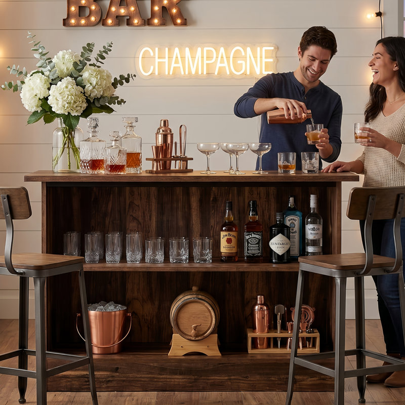 63-Inch Home Bar Unit Wine Bar Table With 2-Tier Storage Shelves And Footrest For Home Pub, Walnut