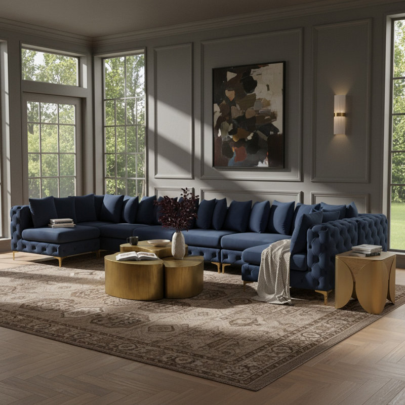 Tremblay Velvet U-Shaped Sectional Reversible, Navy Velvet