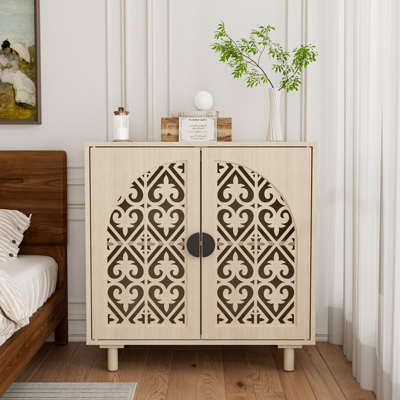 Decorative Cabinet, Carved Wood Cabinet With 2 Doors, Beige Boho Buffet With Adjustable Shelf, Premium Wood Credenza For Dining Room, Entryway, Hallway
