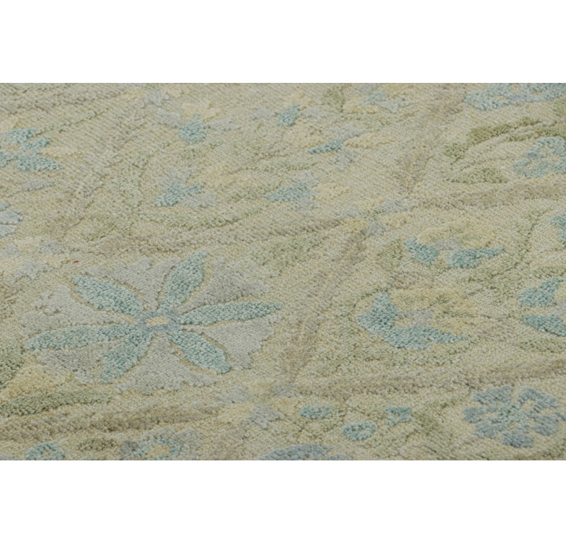 Rug & Kilim’S Block Print Rug With Blue And Green Floral Patterns, Rectangle 13' x 19'