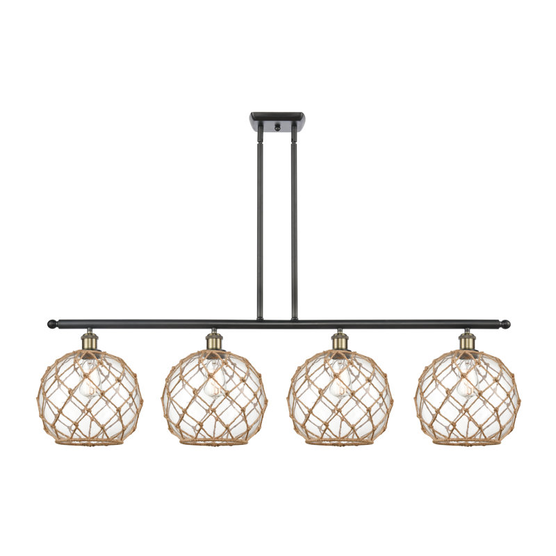 Luminaire suspendu linéaire à 4 lumières pour îlot de cuisine Hilderbrand, Verre transparent avec corde brune