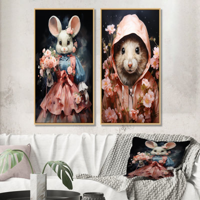 Rococo Cute Mouse Elegance In Pink Dress I - Rodent Canvas Wall Art Set Of 2