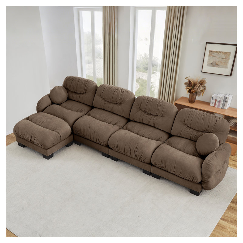 Canapé modulaire plissé en chenille modulaire - Canapé en L 4 places avec repose-pieds, mousse haute densité et accoudoirs courbés