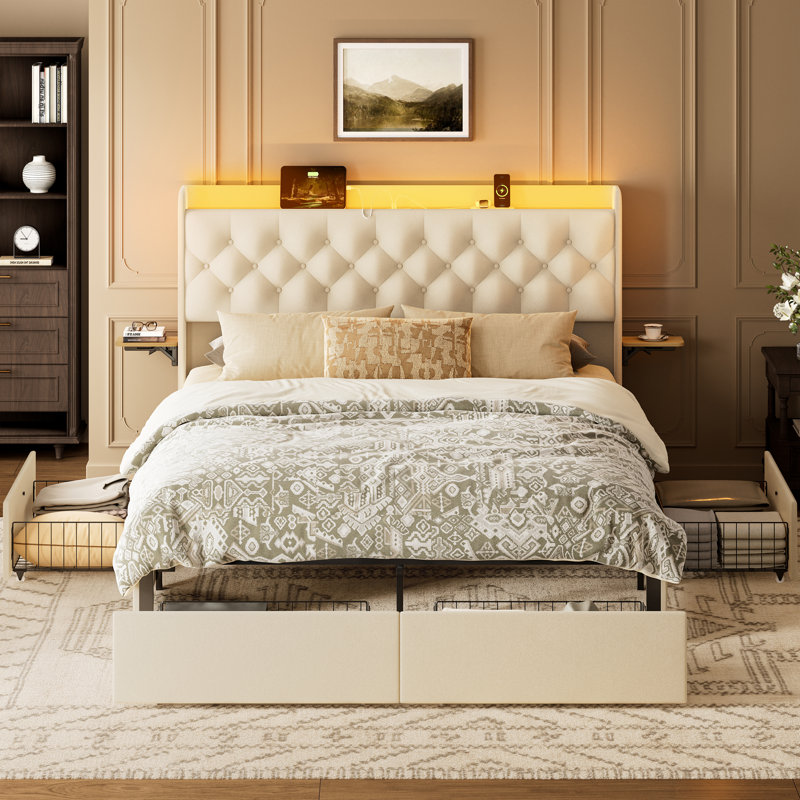 Coba Upholstered Platform Bed with Storage Drawers and Charging Station, Beige, Queen