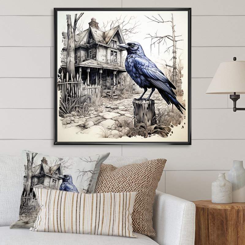 Victorian Haunted Raven Courtyard II - art mural animal corbeau, Cadre flottant noir, H 36 po x l 36 po