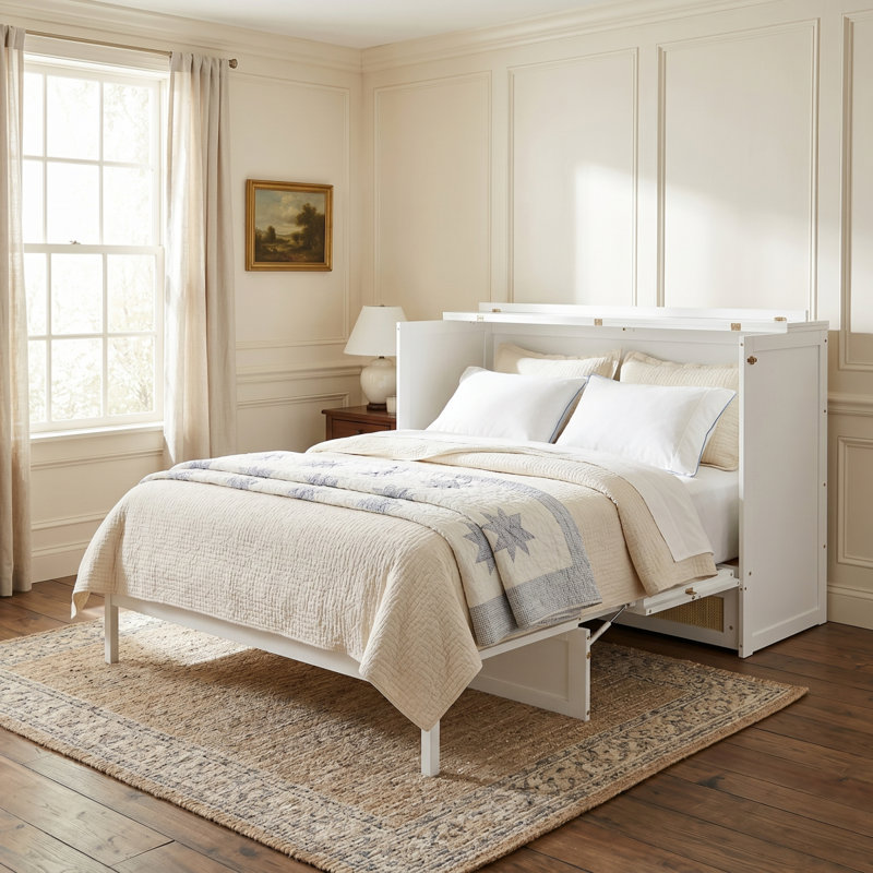 Grand lit escamotable avec grands tiroirs, blanc