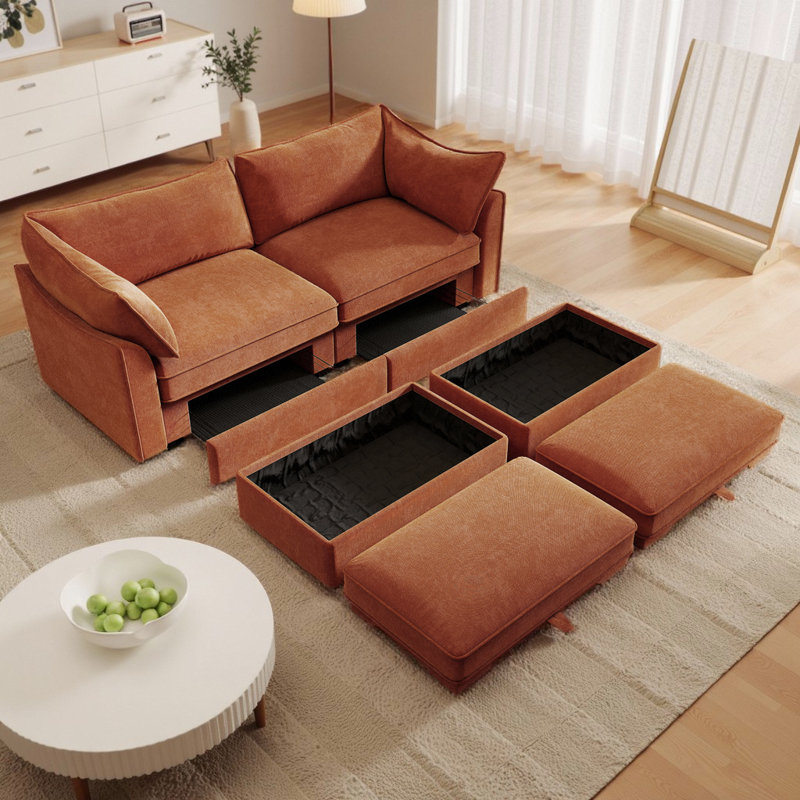 Canapé modulaire en tissu de chenille 2 places avec 2 repose-pieds mobiles et tiroirs de rangement cachés sous chaque siège, conception moderne et peu encombrante