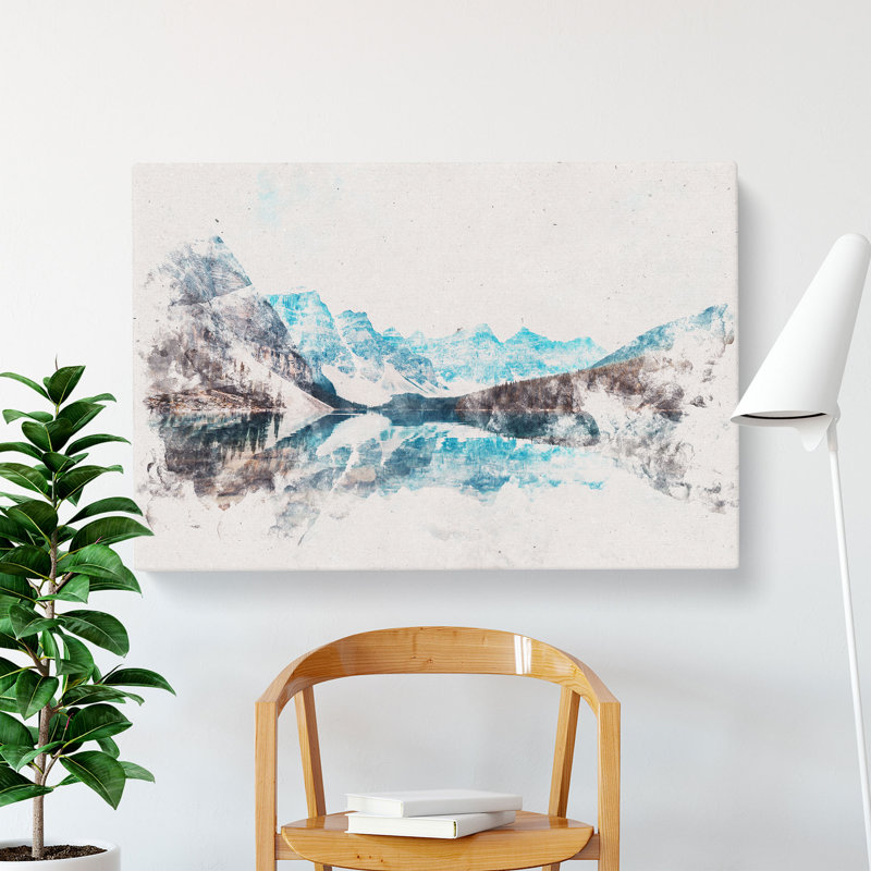 Mountains & Forest By Lake Moraine Watercolour - Wrapped Canvas Print, 60cm H x 91cm W x 3cm D