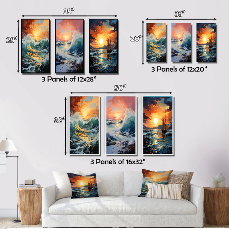«Orange Teal Coastal Storm», 3 pièces, Cadre blanc, H 40 po x l 60 po