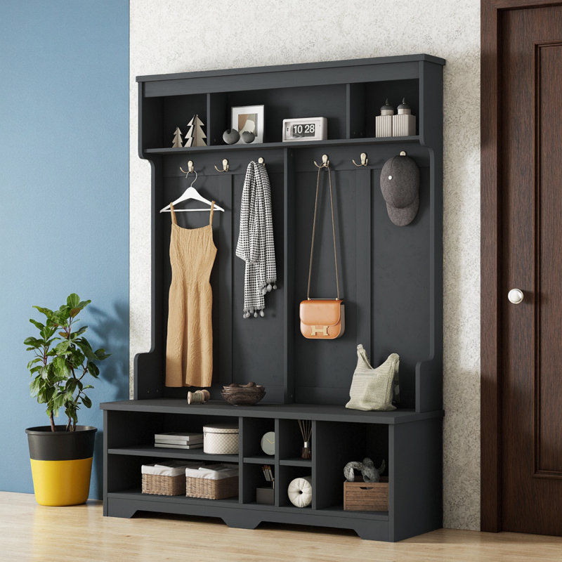 Modern Black Entryway Hall Tree with Bench, 6 Hooks & Shoe Storage, Organizer for Coats & Shoes, Black