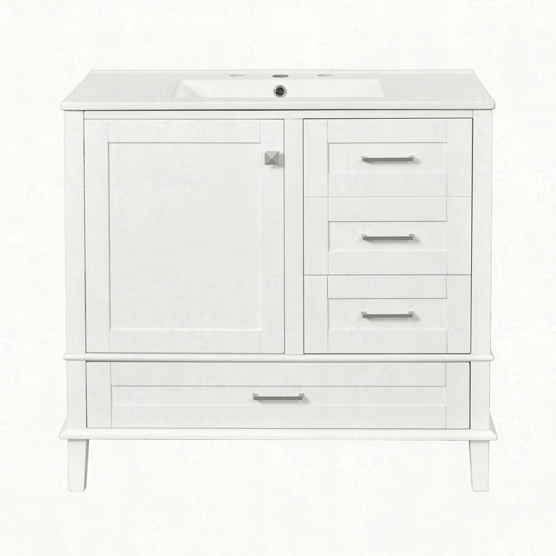 Meuble-lavabo moderne 36 po avec cadre en pin massif, 1 porte à fermeture douce et 3 tiroirs, armoire de rangement moderne