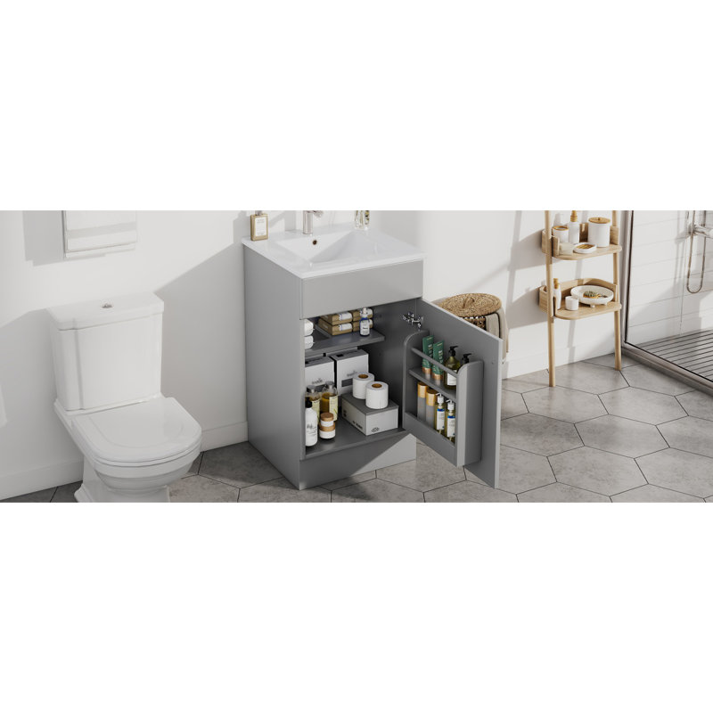 Meuble-lavabo de 50 cm (20 po) avec lavabo en céramique lisse, gris, cadre peint, protection anti-débordement en métal, charnières à fermeture douce antirouille, deux étagères de rangement, ensemble d'assemblage complet.