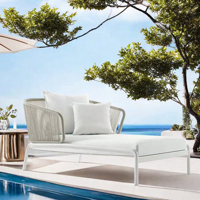 Braided Rope Patio Chaise Lounge Outdoor Metal Chaise Lounge , Cushion Included